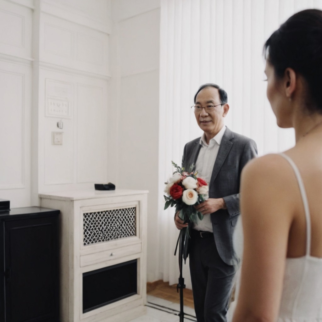 Abuelo con ramo de rosas en boda