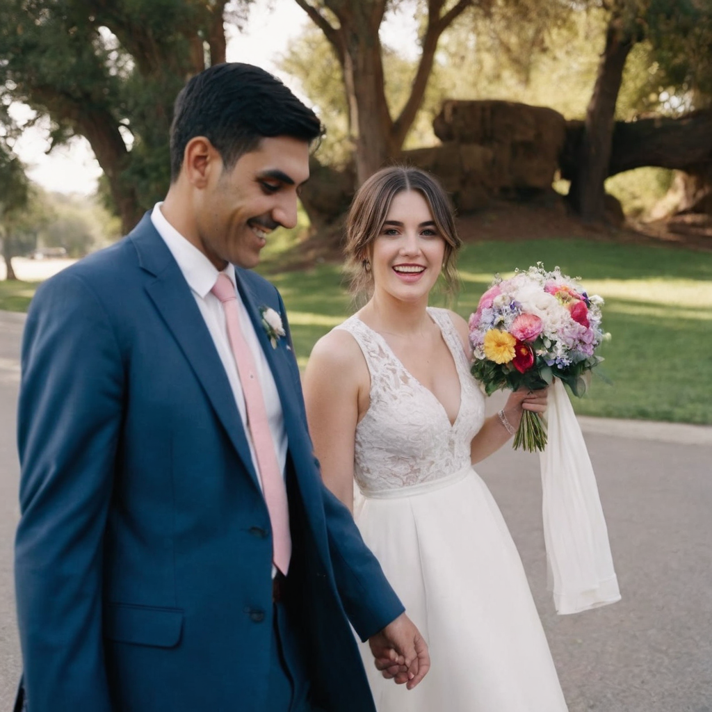 Pareja de recién casados caminando por un parque mientras ella sostiene el ramillete de novia