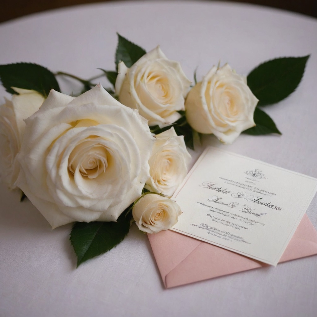 Invitacion de boda con su sobre decorada con rosas blancas